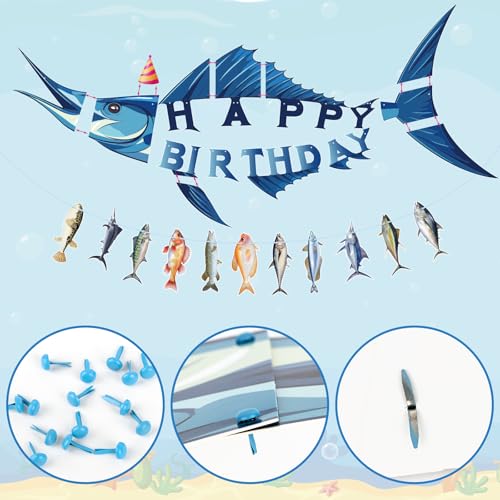 Image of Hooqict Shark Happy Birthday Banner Fishing Birthday Decorations Fish Party Banner Garland Sign for Boys Men Fisherman Sea Ocean Themed Shark Birthday Party Decorations
