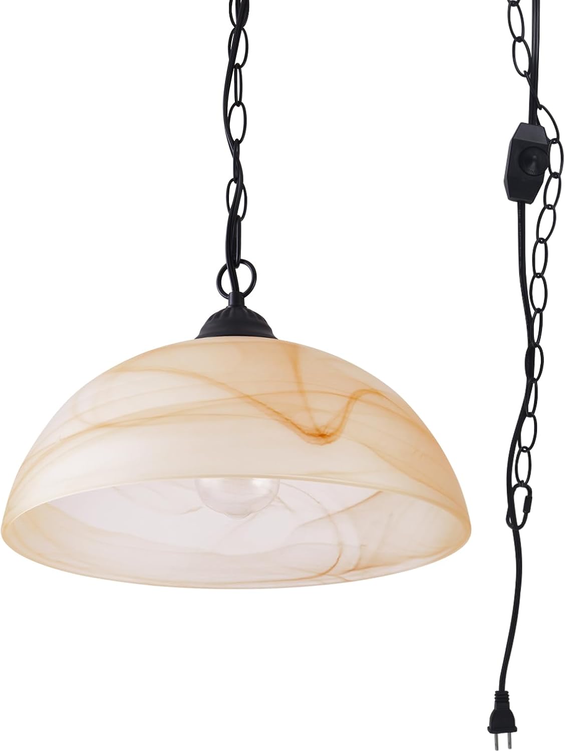 Plug in Pendant Light Antique Alabaster Glass Shade Hanging Lamp with On/Off Switch,16.4Ft Cord & 14.7Ft Chain Dimmable Swag Light Fixture for Kitchen Sink Bar Nook