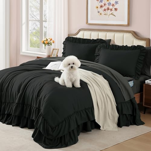 Image of King Size Comforter Set Black Ruffle 7 Pieces Farmhouse Bed in a Bag | Shabby Chic Fluffy All Season Bedding Sets with Sheets, Pillowcases & Shams