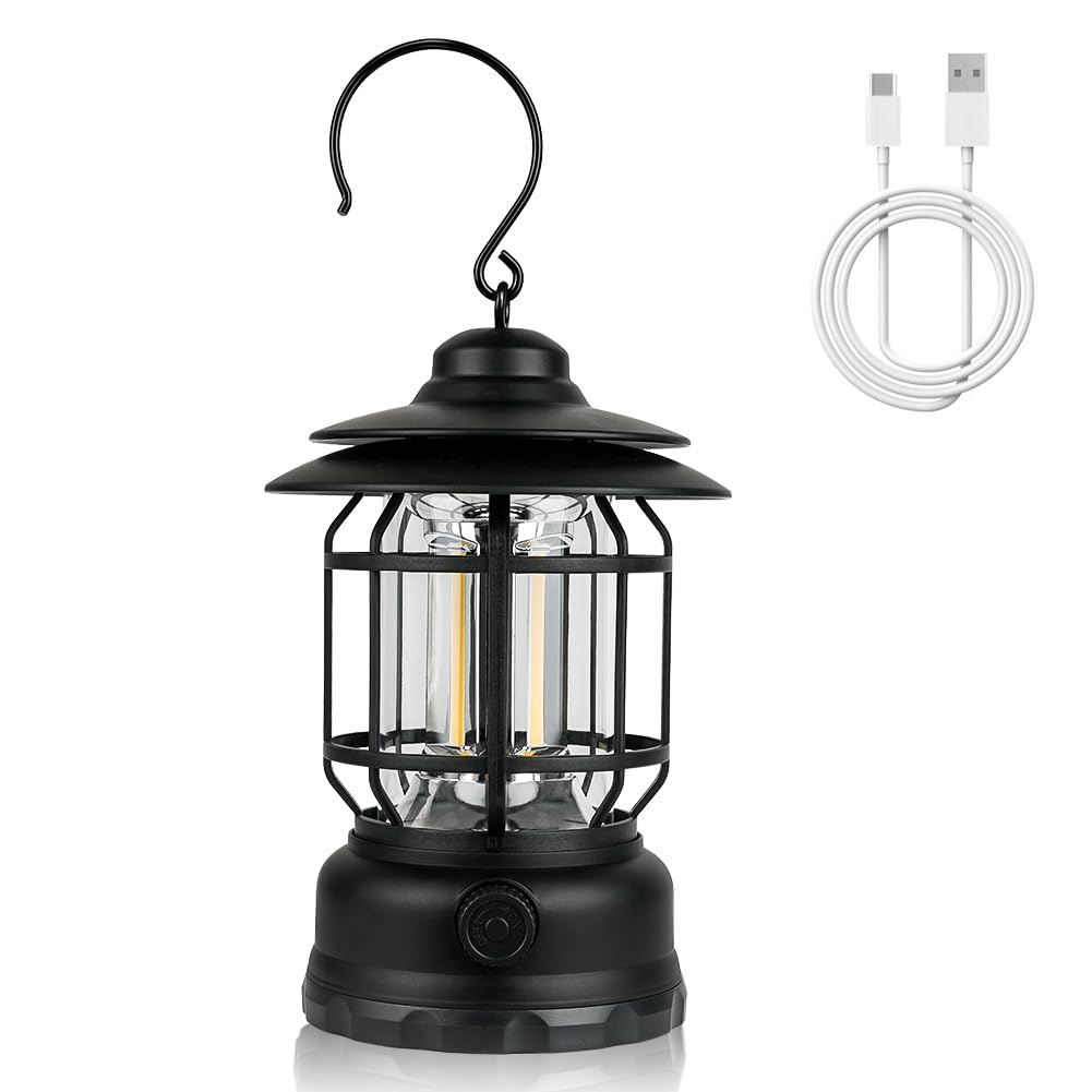 Flintronic Lanterne de camping rechargeable, lampes de camping LED rétro avec gradateurs rotatifs, lumière de tente COB portable à suspendre pour le camping, lumière de camping vintage pour la