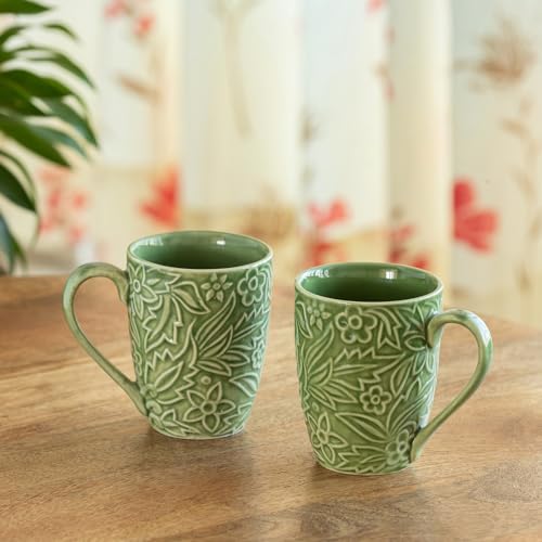 Image of ExclusiveLane 'Green Flora' Ceramic Coffee Mugs Set of 2 (Set of 2, 290 ml, Microwave and Dishwasher Safe, Hand-Embossed) | Ceramic Coffee Mug Coffee Cup Set of 2 Tea Mugs Set Tea Cups Ceramic Mugs