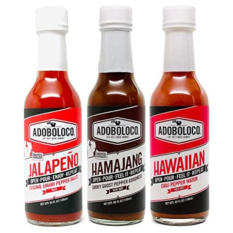 Adoboloco Hot Sauce Da Goods (3-Pack) 5oz Spicy Hamajang, Jalapeno, Hawaiian Chili Pepper Water Extremely Tasty Fiery Chili Pepper Sauce Bundle Cover