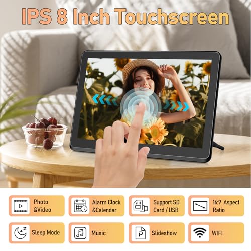 Image of WiFi Digital Picture Frame, 8-Inch Smart Photo Frame with IPS Touch Screen, Easy Setup & Instant Sharing via App, Auto-Rotate, 32GB, Wall-Mountable Electronic Frame for Home Decor