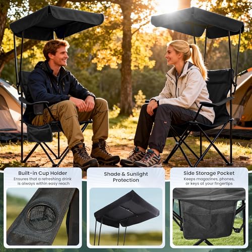 Silla de camping portátil 2 unidades con dosel plegable, silla plegable para exteriores con portavasos y bolsillo lateral para camping, senderismo, picnic y playa (Negro) miniatura 4