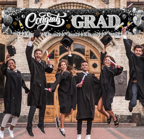 Image of 2026 Graduation Decorations-Black and Silver Congrats Grad Yard Sign Banner Decoration for Class of 2026 Graduation Party Supplies