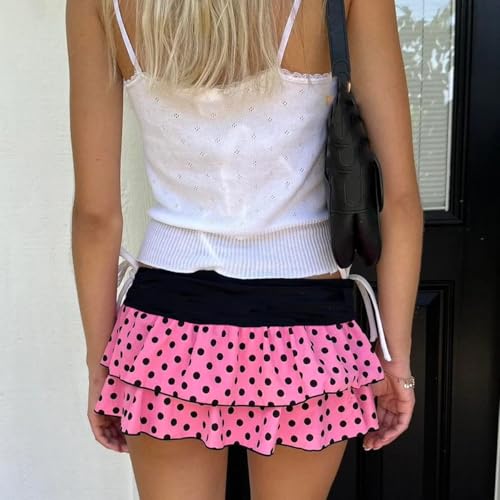 Women Y2k Ruffle Mini Skirt Low Waist Polka Dot Pleated A Line Short Skirt Boho Summer Beach Skirts3