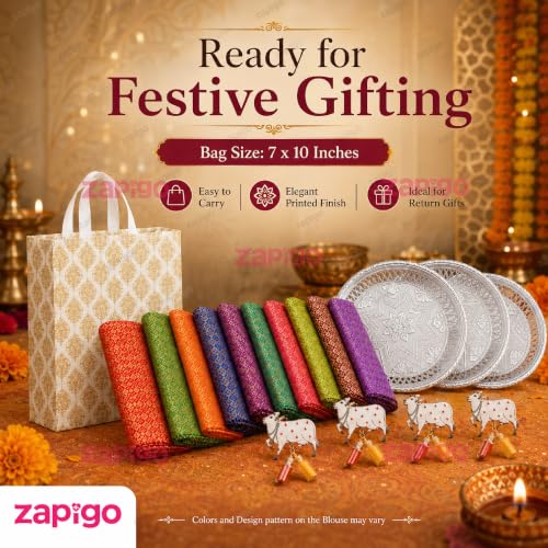 Image of Habba Blouse Piece with Cow Kumkum Set, Decorative Silver Plate & Laminated Carry Bag, Silk Blend Blouse Material Combo for Traditional Haldi Kumkum, Pooja Return Gifts, Navratri, Diwali - Pack of 5
