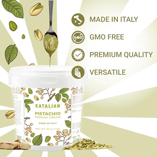 Image of EATALIAN by AMZ BETTER Pistachio Cream, 2.2 lb /1000 g, Delicious Spreadable with a Sweet and Unique Taste, Ideal on Bread and with Ice Cream, Excellent for Dubai Chocolate, Made in Italy