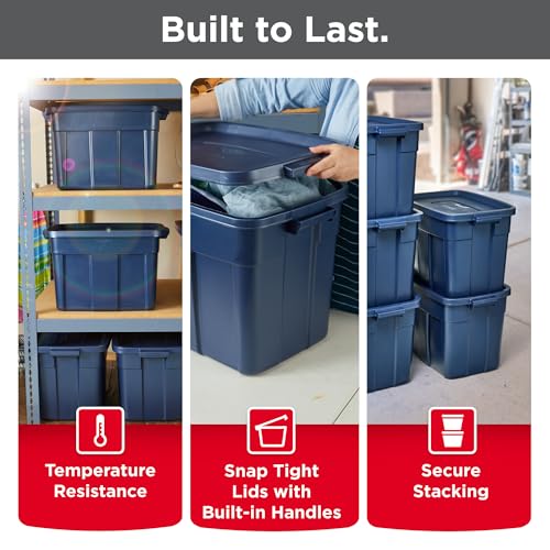 Image of Rubbermaid Roughneck Tote 18 Gal, 6 Pack, Made in USA, Dark Indigo Metallic, Rugged Plastic Stackable Storage Bins with Lids and Handles