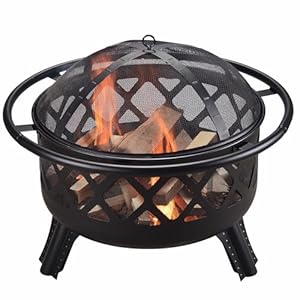Teamson Home Round Steel Outdoor Fire Pit Outside Wood Burning Firepit Bonfire with Firebowl, Poker, Mesh Screen for Patio Garden Backyard BBQ, 30 Inch, Black