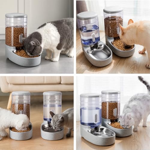 Automatic Cat Feeder and Water Dispenser with Stainless Steel Bowl Gravity Food Feeder and Waterer Set for Small Medium Dog Puppy Kitten 1 Gallon x 2(Grey) by Kacoomi - Used condition - Image 7