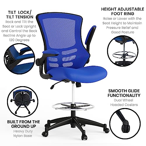 Image of Flash Furniture Kelista Mid-Back Swivel Office Chair with Adjustable Seat Height, Ergonomic Mesh Desk Chair with Flip-Up Armrests, Blue