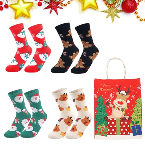 Sikweny 4 Paia Calzini Natale Donna Divertenti Cotone Calze Natalizie Colorati Calzini Regalo Unisex Christmas Socks Fantasia Renne Babbo Calze Maglia Crew per Calendari Dell'avvento Compleanni 35-43