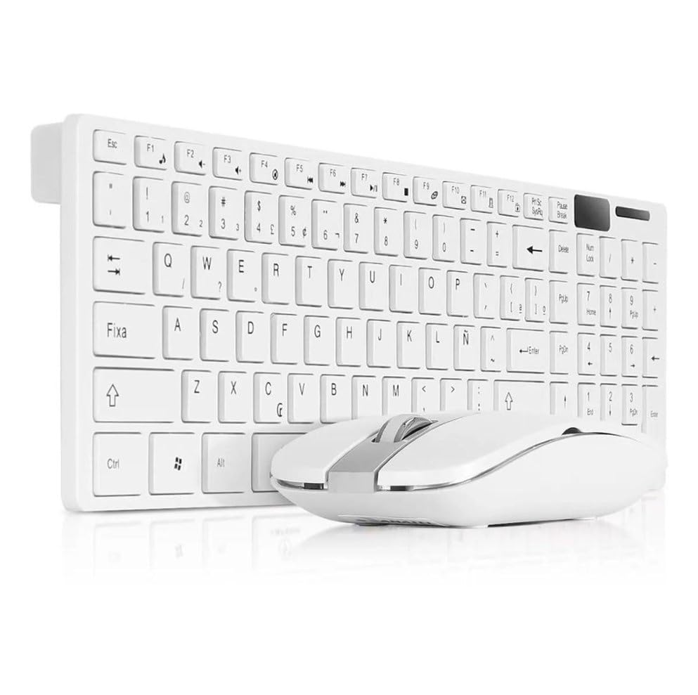 Teclado inalambrico K-06 2,4G + Ratón Combinado Teclado portátil español Ñ para Ordenador PC con ratón Plug and Play + Funda Silicona (Blanco)
