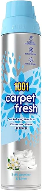 1001 Carpet Fresh Soft Jasmine & Fresh Linen Fragrance  Quick drying, For use On Carpet Rug Upholstery Freshening Foam Pet Odour Remover, 300ml Aerosol Spray Can