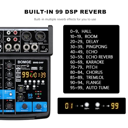 Image of BOMGE 4 Channel mini DJ Audio Sound Mixer Interface with MP3 USB Bluetooth Stereo Recording 48V Phantom Power 99 DSP for karaoke, performance, church singing podcas streaming