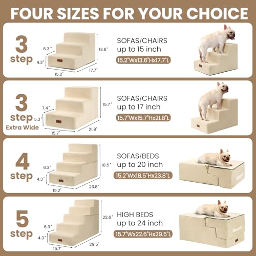 Image of Aodisman Dog Stairs for Small Dogs & Cats,3-Step Pet Steps for Couch & Bed | High-Density Foam Dog Steps with Anti-Slip Bottom,Easy for Puppies,Older Cats & Dogs to Reach Sofas & Chairs,Beige,13.6 inch H