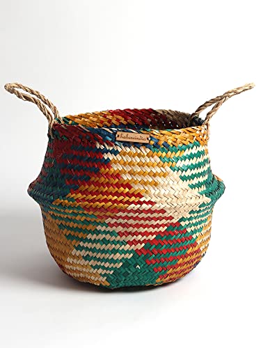 Image of Habere India-All The Cultures Fabricating India Wicker Basket For Plants | Seagrass Baskets Home Decor | Bamboo Storage Organiser | Bamboo Planter Baskets Cylindrical (S) - Multi (Dia 25 x H22 cm)