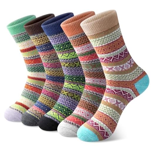 Pack of 5 Womens Vintage Style Cotton Knitting Wool Warm Winter Fall Crew Socks, Mixed Color 1, One Size - fit shoe sizes from 5-10