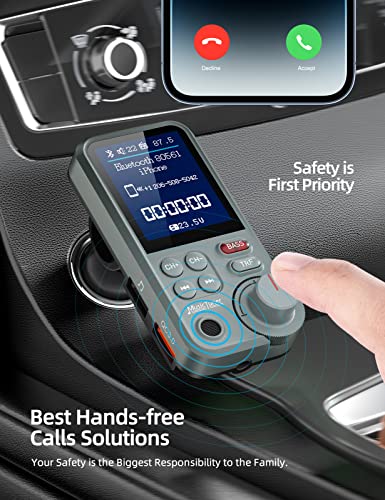 Nulaxy Fm Bluetooth Transmitter For Car, Strong Microphone Bluetooth Car Adapter With 1.8 Inch Color Screen For Hands-Free Calls, Supports Qc3.0 Charging, Treble And Bass Sound Music Player- Km30 Grey thumb #1