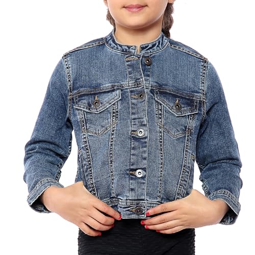NOROZE Kragenlose Jeansjacke, Langarm, gewaschenes Jeans-Oberteil im Biker-Stil für Mädchen (Denimblau, 9–10 Jahre)