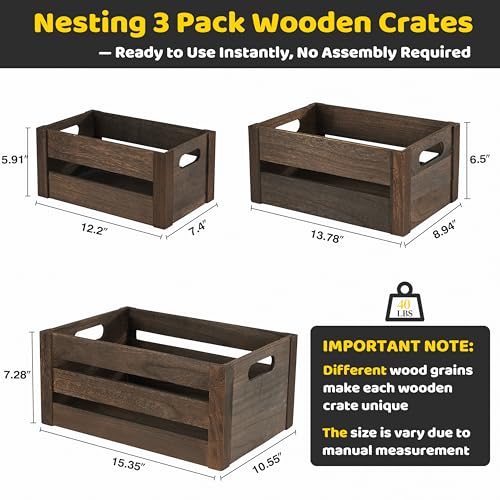 Wooden Crates 3 Pack, Nesting Handmade Wood Crates for Storage, No Installation Wooden Storage Box with Cutout Handle for Display & Decor, Brown - Image 3