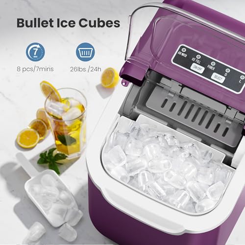 Image of Countertop Portable Ice Maker Machine with Handle, 8 Bullet-Shaped Ice Cubes Ready in 6 Mins, 26Lbs /24H, Self-Cleaning Function with Ice Scoop and Basket for Home /Kitchen /Party (Purple)