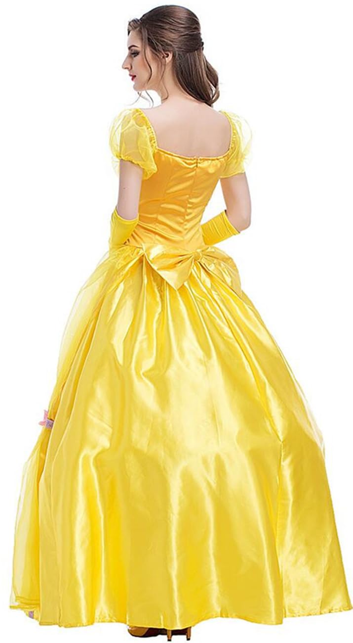 Déguisement Princesse Belle Femme et Gants Adulte Cosplay La Belle et la Bête Longue Tulle Reine Robes de Soirée Fancy Dress Halloween Noël Carnaval Anniversaire Fête Costume Jaune