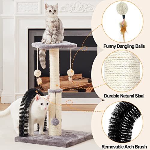 Cat Scratching Post with Self Groomer and Top Platform - Durable Sisal Cat Scratcher Stable Cat Scratch Post with Dangling Balls, Verstile Cat Scratching Poles for Indoor Cats (Grey)