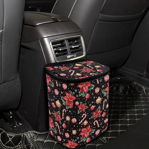 Image of Talayituse Christmas Flower Candy Bulb Snowflake Print Car Trash Can with Adjustable Straps, Car Trash Bag Bin Car Garbage Bag Multipurpose Storage Box for Vehicle Travel Camping Picnicing