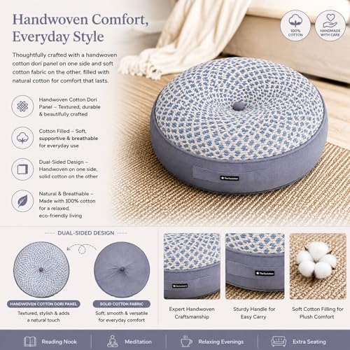 Image of Reversible 60x60x10 cm Woven Quilted Grey Floor Cushion with Cotton Filler for Seating, Patio Seat, Meditation, Yoga, Pooja, Guests, Living Room, Bedroom, Large Size 24x24x4 Inch