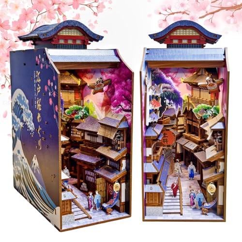 Book Nook Japan Sakura Straße Booknook Japanischer Kit 293PCS DIY Miniature House mit Licht 3D Puzzle für Erwachsene und Heranwachsende Japanische Deko Holzpuzzle Erwachsene Bücherregaldekoration