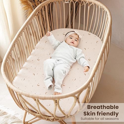 Image of Konssy 2 Pack Muslin Bassinet Sheets for Baby Boy, 100% Cotton Soft Breathable Bassinet Mattress Sheets Fit for Hourglass Oval Cradle Rectangle Mattress (Coffee Check,Moon)