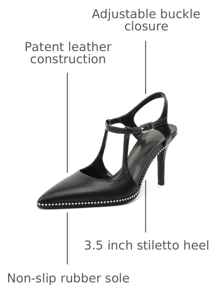 Image of SAMMITOP Womens High Heels Ankle Strap Pointed Toe Stilettos Patent Leather Beaded Pumps Dress Shoes 3.5 Inch