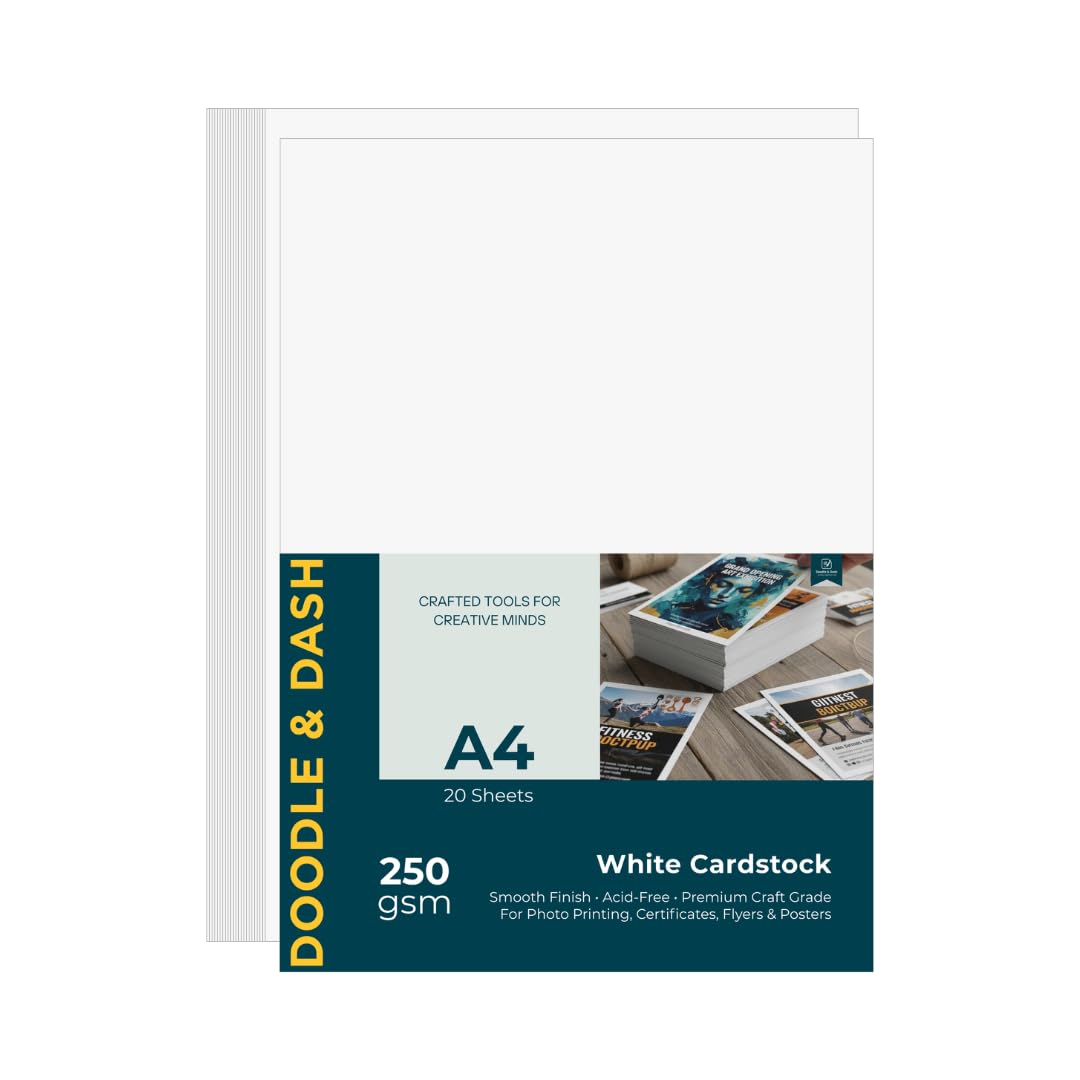 Doodle & Dash A4 250gsm White Card for Printing – Smooth Cardstock – Printer-Friendly Paper for Inkjet & Laser – Bright White for Invitations, Crafts & Presentations – 20 Sheets