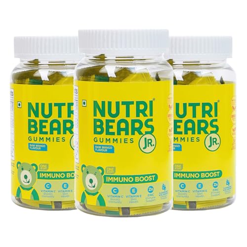 Image of NutriBears Immuno Boost with Vitamin C, E, Zinc, Natural Elderberry & Blueberry, Advanced Antioxidants, Immunity Gummies for Kids and Adults (90 Gummy, Raw Mango Flavour), 3-Pack
