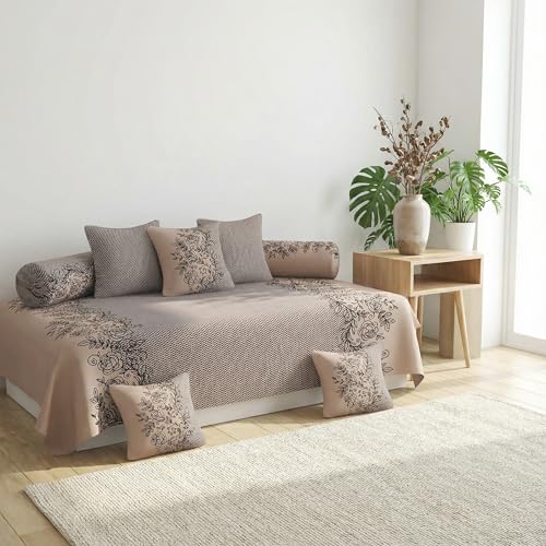 Image of Homes Vibrant Color and Printed Microfiber Diwan Set of 8 Pieces Combo with Cushions for Living Room, 1 Single Bedsheet, 5 Cushion Covers, 2 Bolsters Covers (Beige)