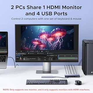 UGREEN USB-C+HDMI KVM Switch 1 Monitor 2 Computers with 4 USB 3.0 Ports 4K@60Hz Aluminum for 1 Laptop & 1 Desktop Share One Monitor Keyboard Mouse Printer with 1 HDMI Cable+2 Type-C Cables