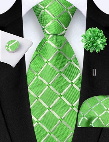 Image of GUSLESON 3.15 inch(8cm) Mens Tie and Lapel Pin Plaid Checkered Necktie Hankerchief Cufflinks Set for Men
