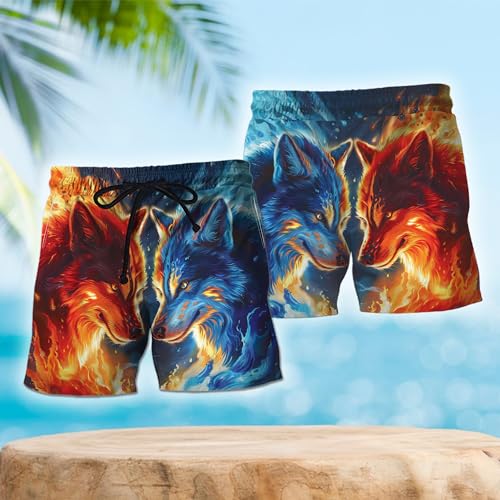 Wolf Moon Mens Swim Trunks - Wild Animal Hawaiian Mens Swim Short Beach Shorts TU-SH-472