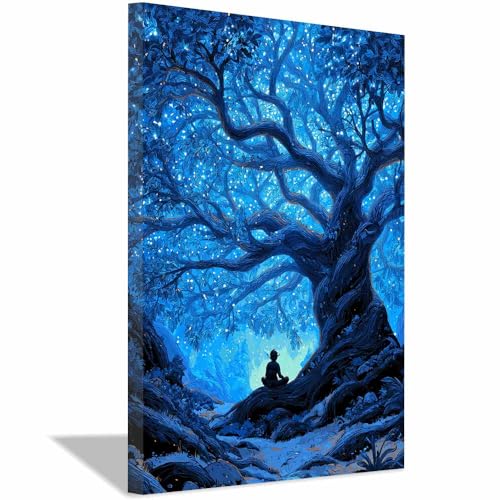 Affiche planète arbre de vie haut de gamme encadrée bleu 50x70 pour salon chic