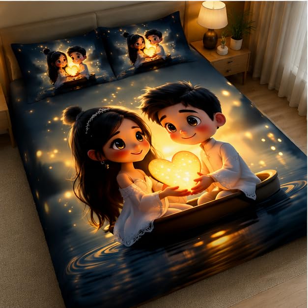 Image of 7D Digital Printed King Size Bedsheet with 2 Pillow Covers | Romantic Couple Love Theme | Premium Soft Microfiber Bedding Set | Ultra HD Designer Bedsheet