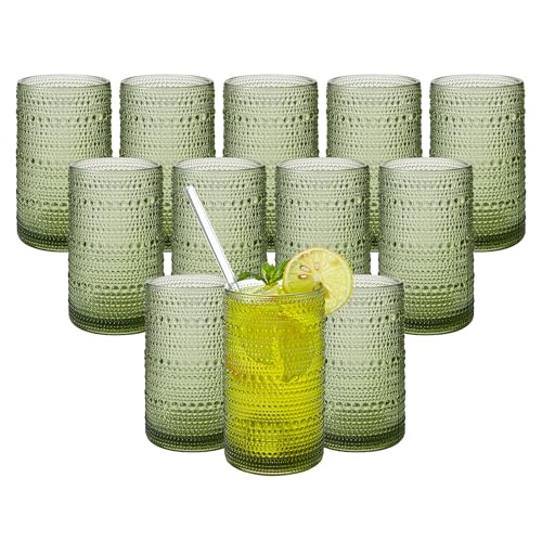 AkutaaVintage Hobnail Drinking Glasses Set of 12, 16 oz Large Capacity Embossed Green Tumblers, Highball Glasses for Water, Cocktail, Beer, Whiskey, Kitchen & Bar Use