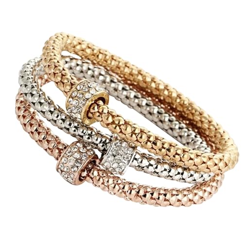 Conjunto de pulseras de diamantes de imitación plateadas de 3 piezas para mujeres y niñas, joyas de regalo anillo de mujer (oro rosa, una tamaño)