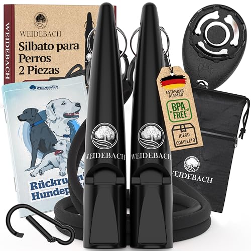 Weidebach® 2X Silbato para Perros Mejorado 2.0 con Sonido más Estable y Fuerte, Incluye clicker, Bolsa para golosinas, estandarizado, Banda y Boquilla de Calidad, Entrenamiento de Llamada exitoso