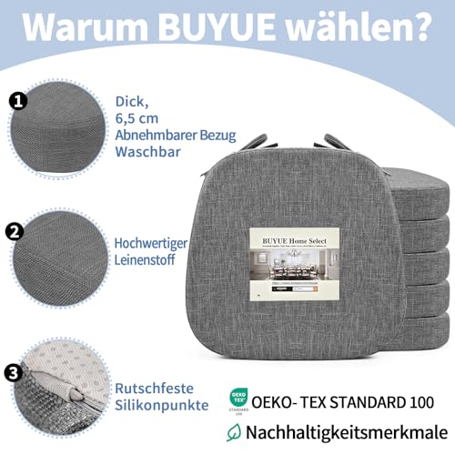 BUYUE Stuhlkissen 6,5 cm dick, U-Form Sitzkissen 40x40 cm mit hochdichtem Schaumstoff, Stoffbezug, rutschfestes Sitzpolster für Küche und Esszimmer (6 Stück, Dunkelgrau)