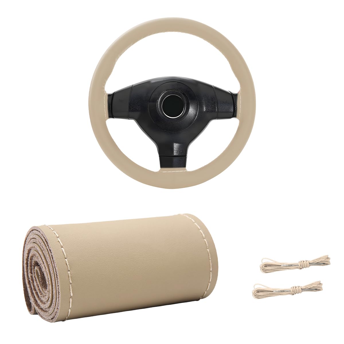 Genuine Leather Steering Wheel Cover, Stitch On Wrap for Steering Wheel up to Diameter 15 Inches, DIY Sewing Steering Wheel Protector, Car Accessories (Beige, Glossy)