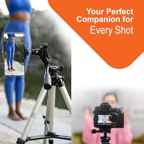 Image of Aluminium Tripod Stand 48cm-145cm | Lightweight with 360 Rotation | Phone Tripod for Mobile, DSLR, GoPro & Ring Light | Adjustable Travel Tripod with Carry Bag & Mobile Holder