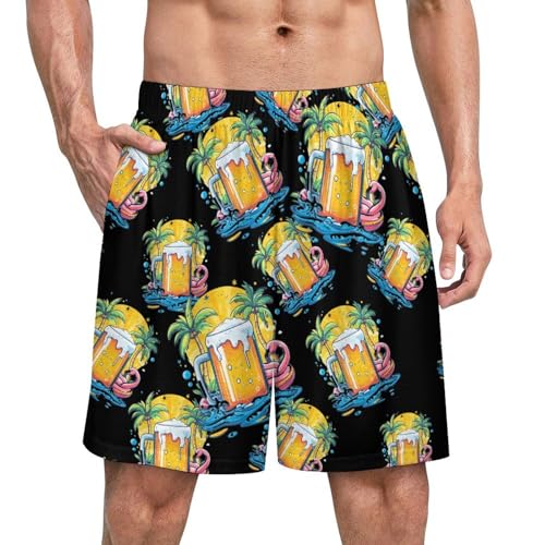 Beach Beer Flamingo Palm Tree Men's Pajama Bottoms Lounge Pj Shorts Stretch Sleep Shorts for Home Vacation Beach