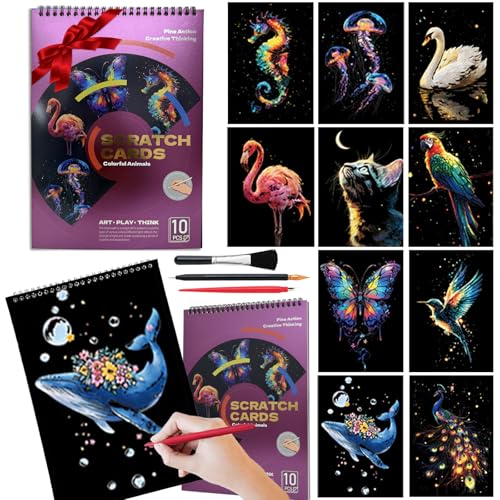 Animal Scratch Art Book for Adult | A4 Size (29.7x21.2cm) 10-Sheet Scratch and Sketch Rainbow Set Art Therapy DIY Creative Gift Colorful Animal
